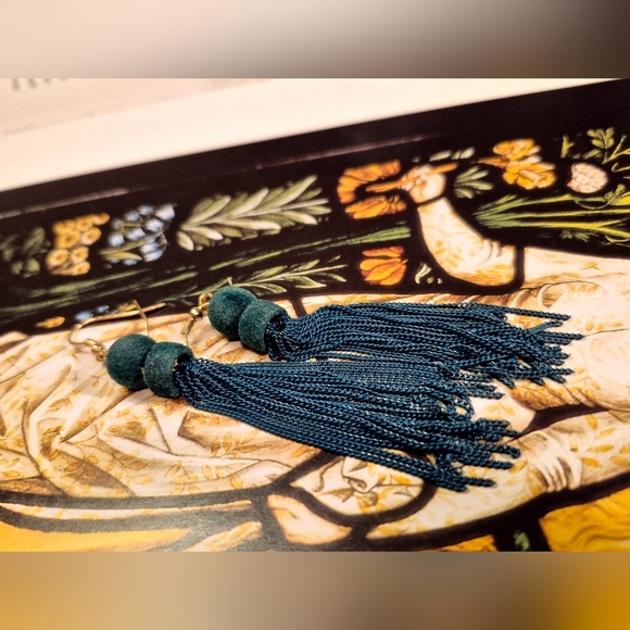 Forest Dark Green Teal Metal Tassel Earrings - Picture 1 of 6